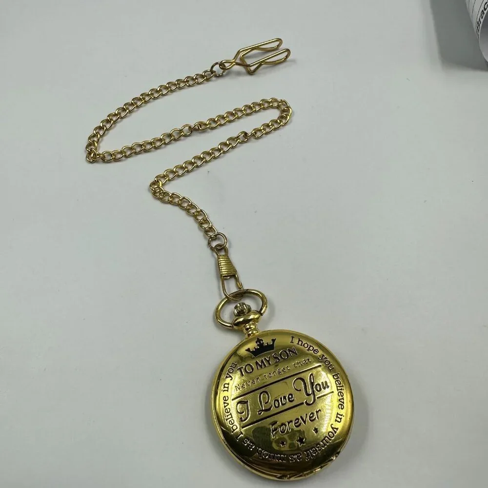Pocket Watch Gold Tone Engraved To My Son I Love You Forever Chain New Battery